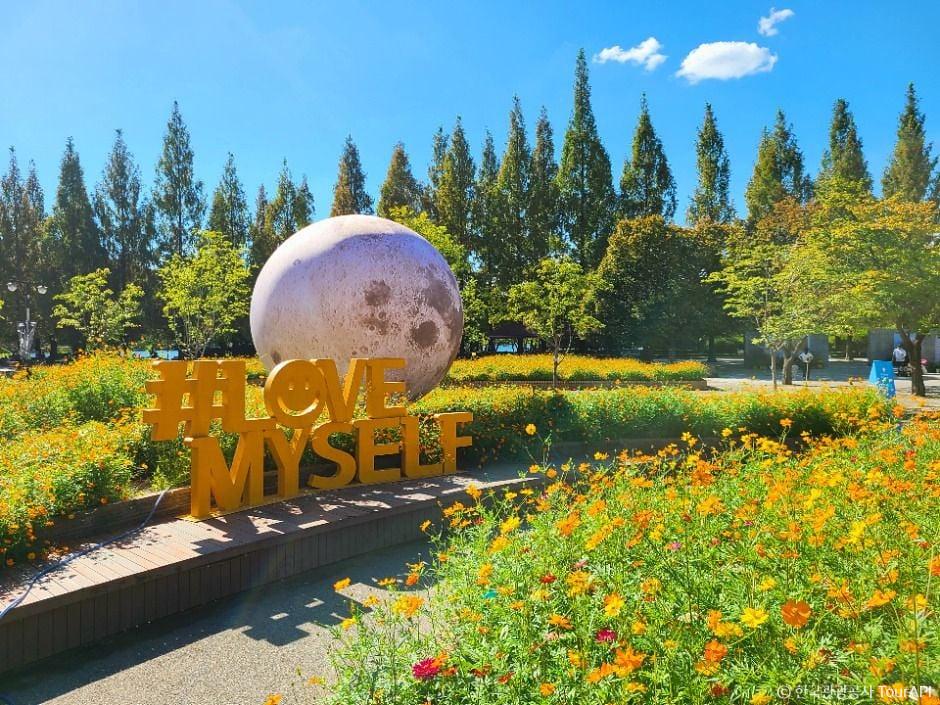 Large, artistic flower sculptures and colorful garden beds surrounding the lake at Ilsan Lake Park during the Goyang festival.