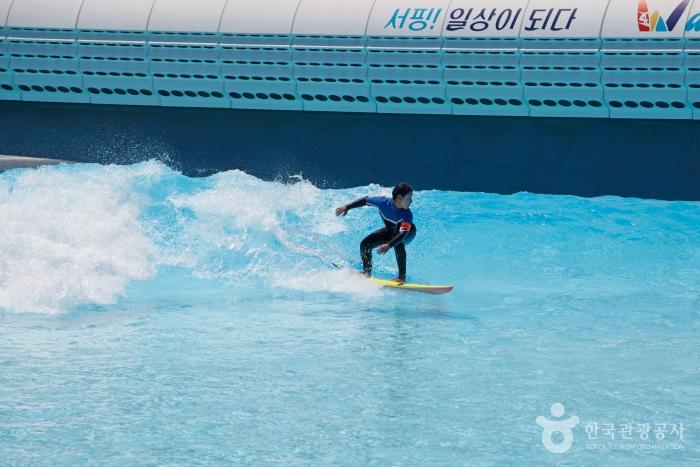 웨이브파크 리프존에서 서핑을 하는 모습