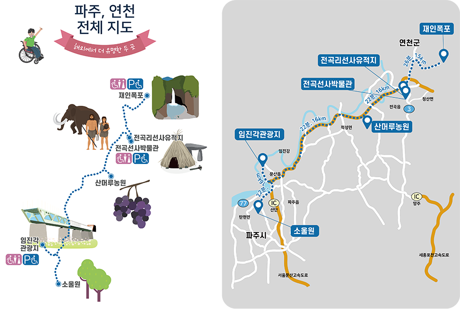 파주시 연천군 중심 주요 관광지를 점으로 표현한 지도